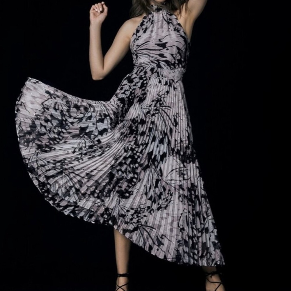 WHITE HOUSE BLACK MARKET (WHBM) Pleated Halter Midi Dress Butterly Metallic Dots